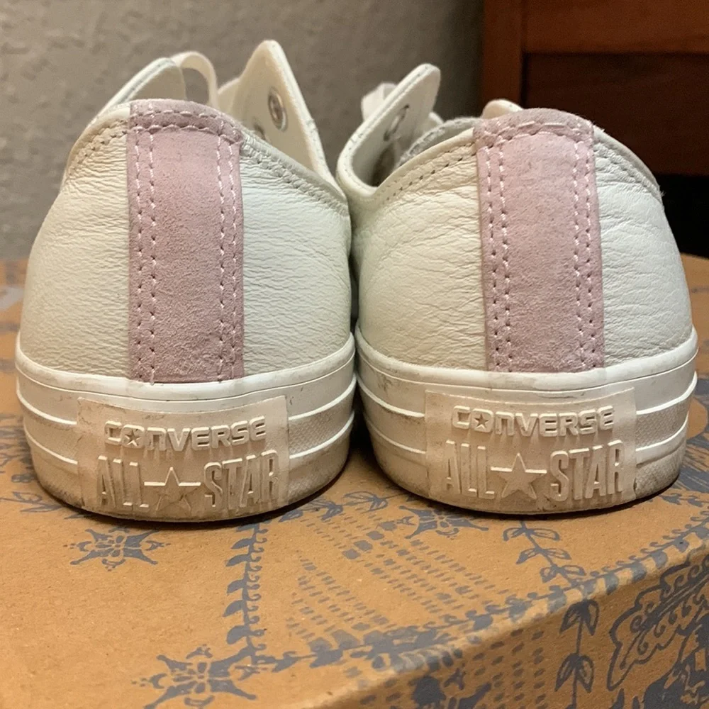 Converse White Leather Low Top Sneakers with Rose Gold Eyelets